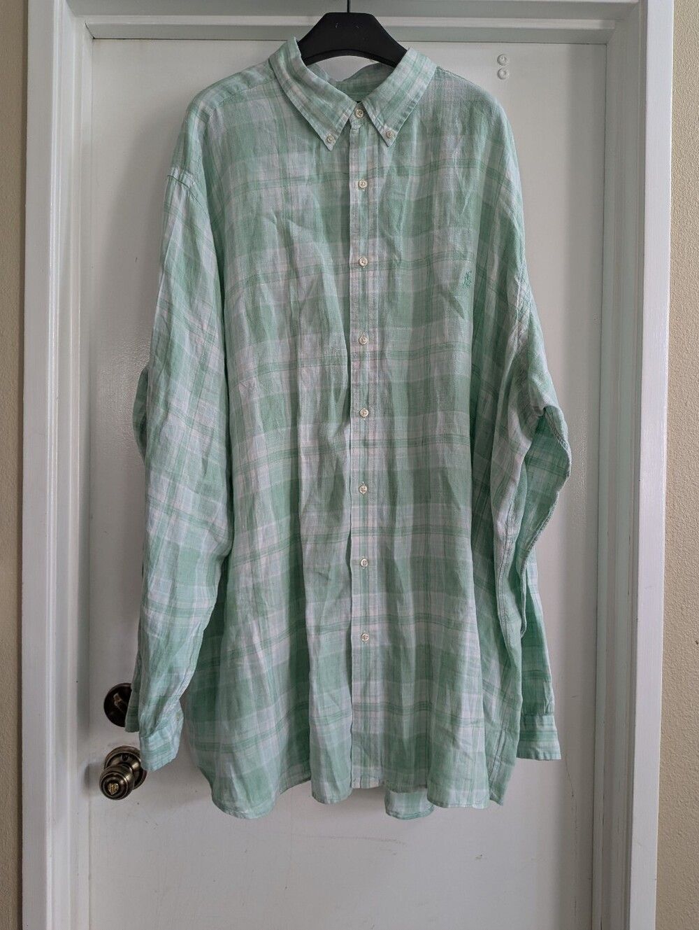 Ralph Lauren Men's Mint Green Plaid Button-Down Linen Shirt Size 4XL T